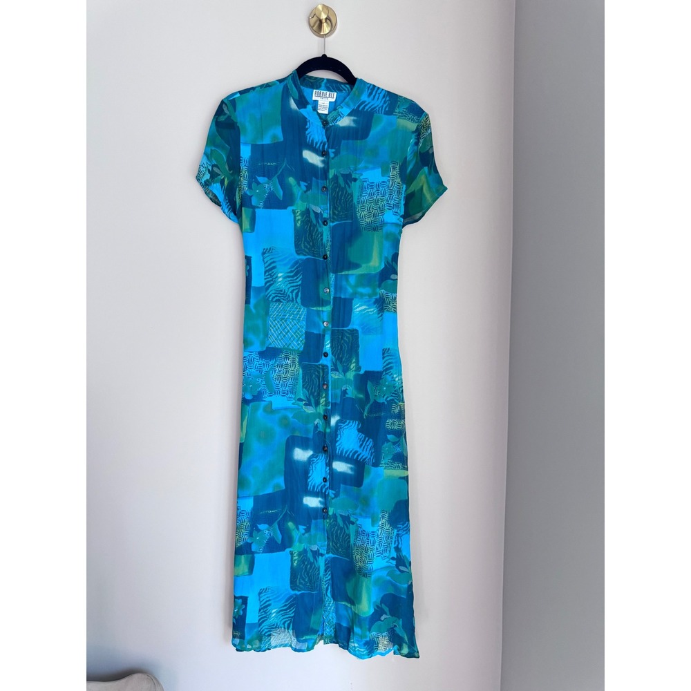 Robbie Bee Vintage 100% Silk Dress Blue Green Abstract Midi Button Front 14P